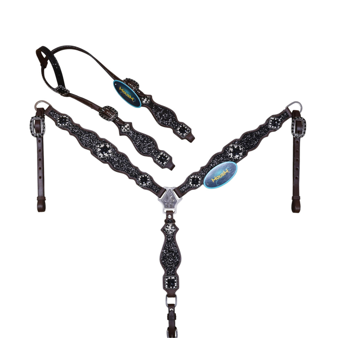 Black glitter Western horse tack in Genuine Argentina Cow Leather with rhinestone conchos, silver studs, antique nickel hardware and copper rivet buckles