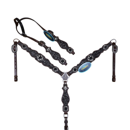 Black glitter Western horse tack in Genuine Argentina Cow Leather with rhinestone conchos, silver studs, antique nickel hardware and copper rivet buckles