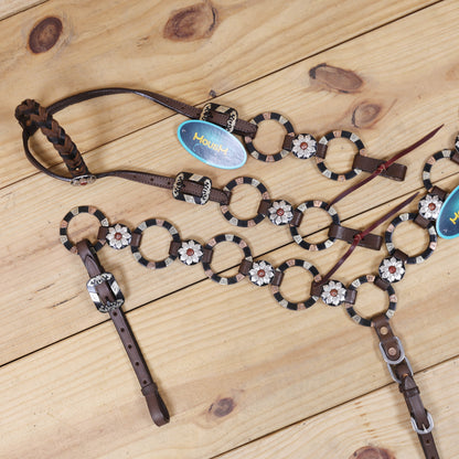 western headstall and breast collar set with engraved nickel rings and braided  one ear