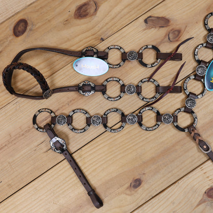 western leather ring headstall and breast collar set with braided one ear design and floral conchos.