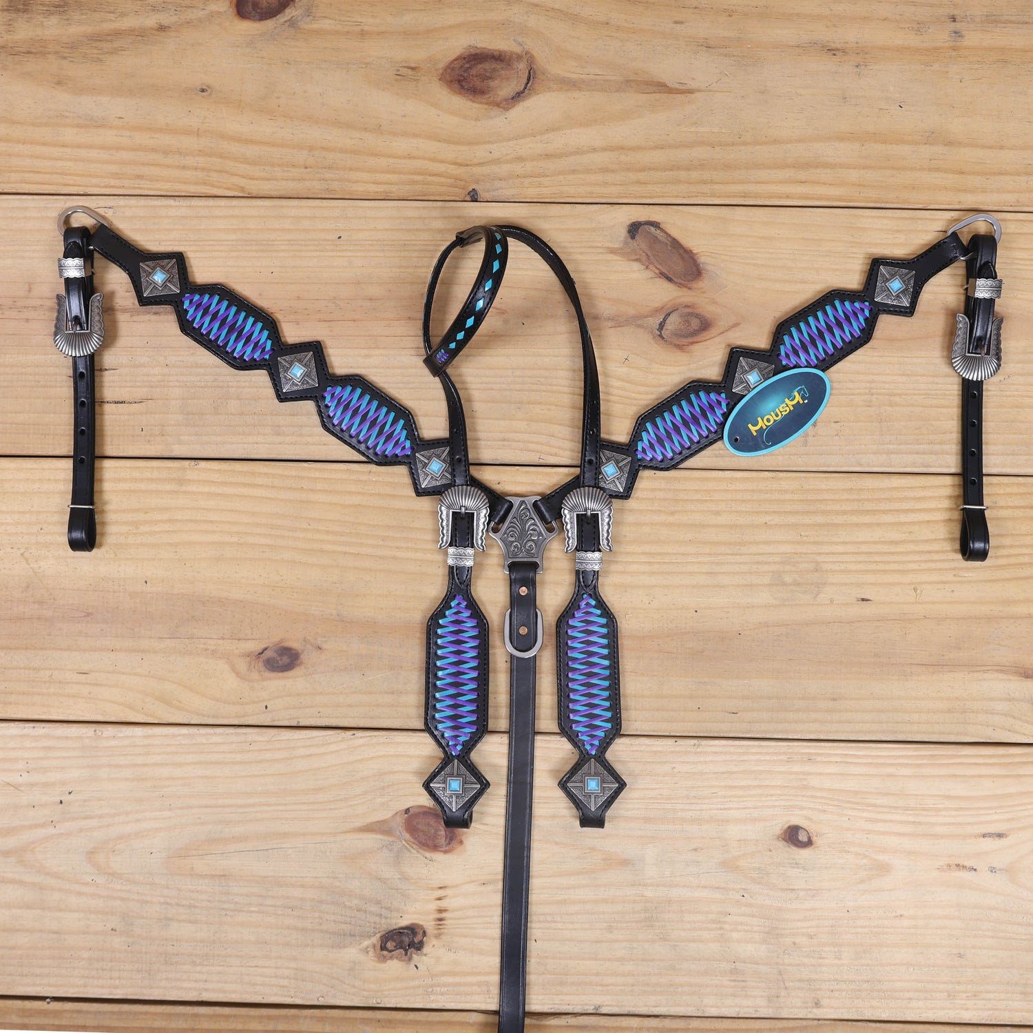 durable western headstall and breast collar with antique nickel hardware and copper rivet buckles