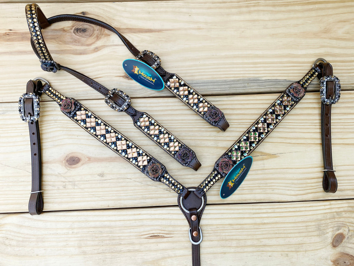  Brown 3D Rose Flower Headstall Set 