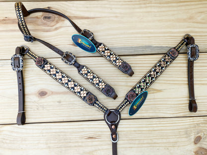  Brown 3D Rose Flower Headstall Set 