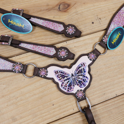 Western headstall and breast collar set featuring butterfly design, blingy stones, multicolor berry conchos