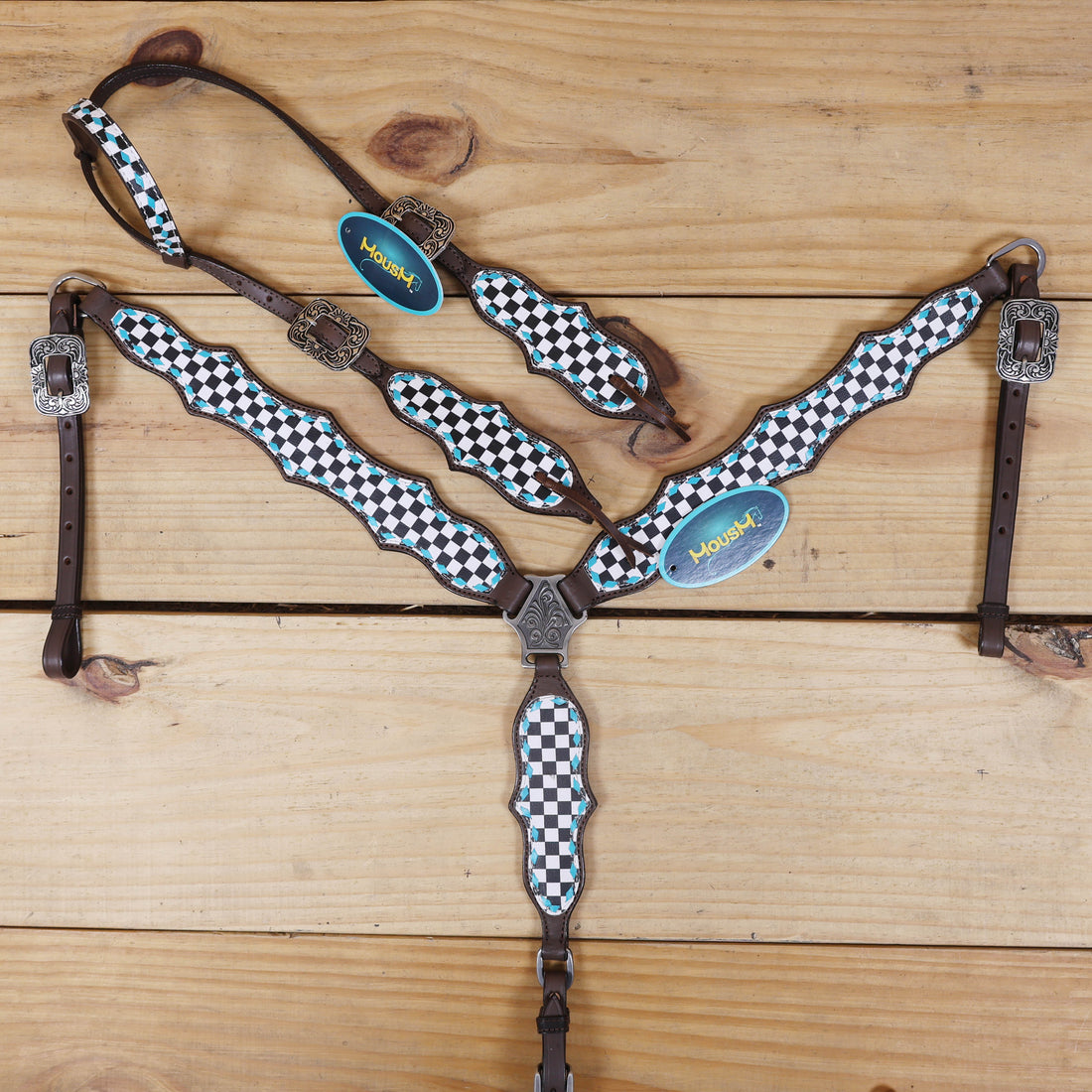 western leather headstall and breast collar set with checkyard finish line print and turquoise rawhide braiding