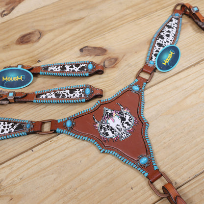 handcrafted cowhide printed gladiator breast collar with turquoise rawhide stitching and stone