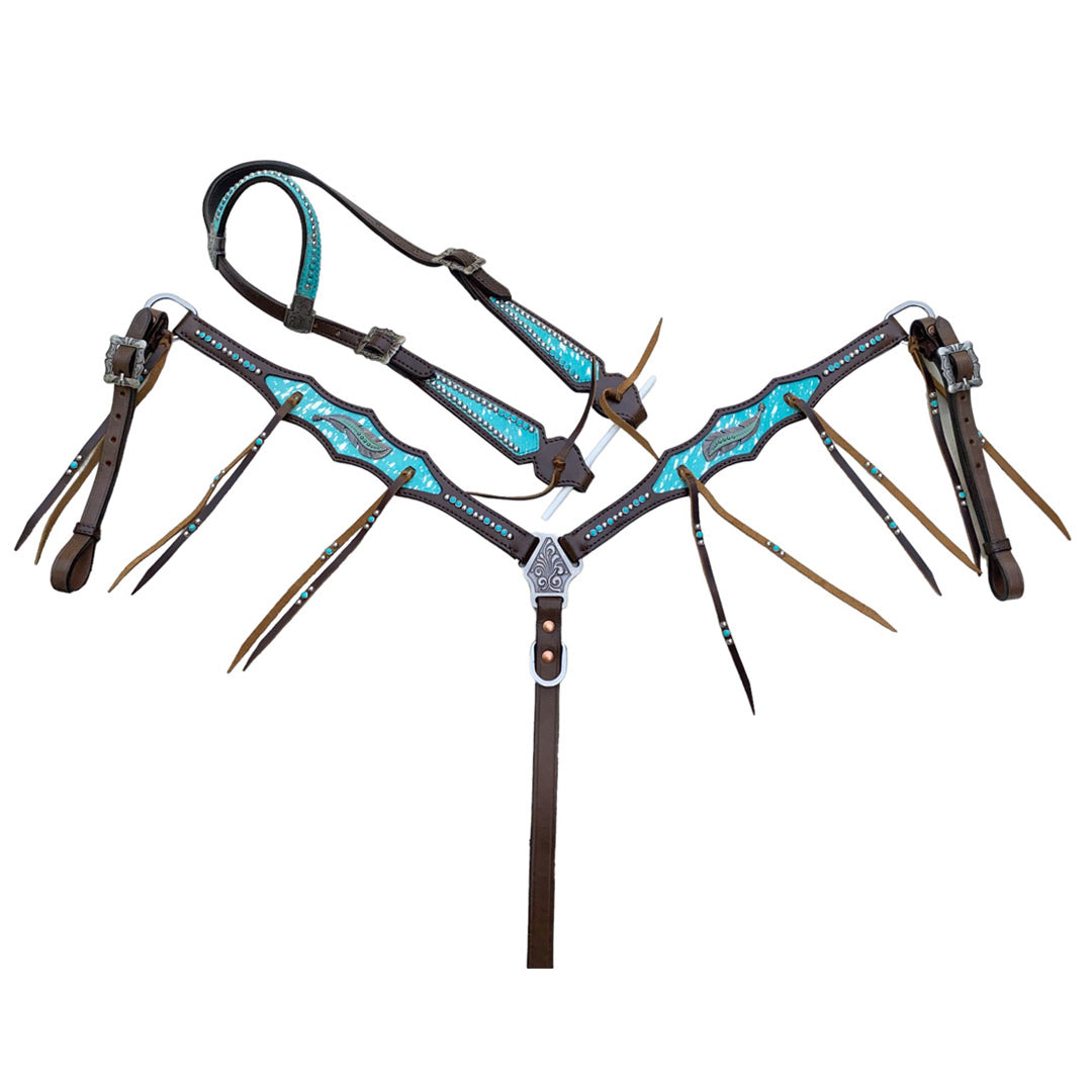 A set of MOUSM Argentina Cow Leather Horse Bridle &amp; Breast Collar with turquoise silver splash cowhide and feather hardware.