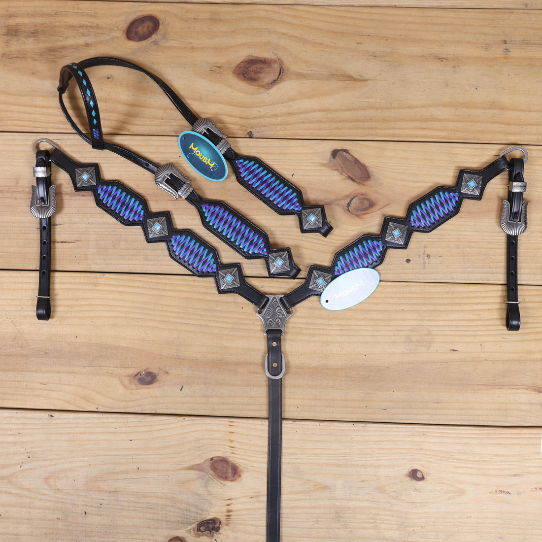 handcrafted black argentina cow leather headstall with turquoise stone concho and crisscross braiding
