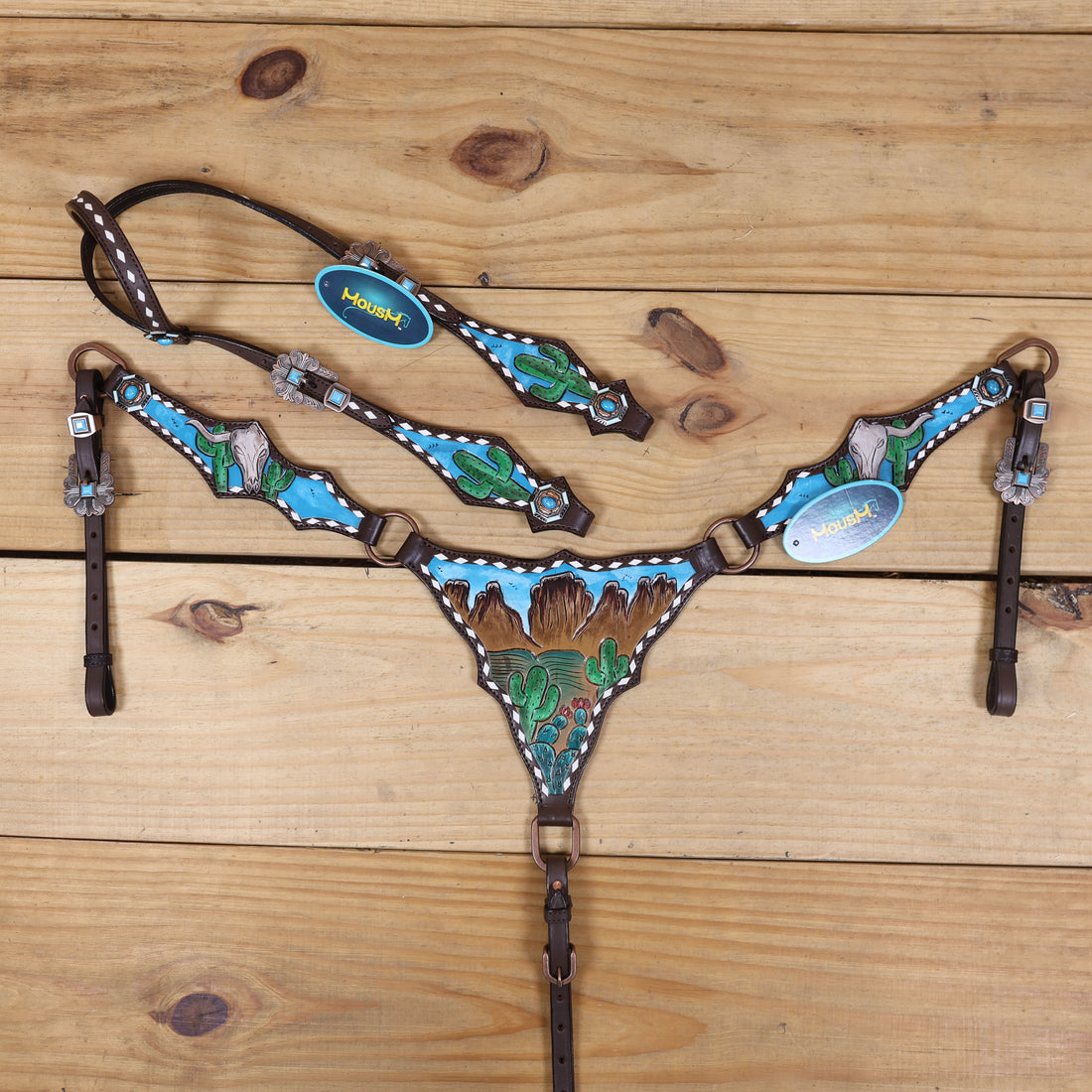 MOUSM Western headstall and breast collar set with desert mountain and cactus design