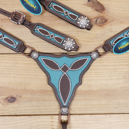western breastplate with leather filigree design and clear stone lining having turquoise leather