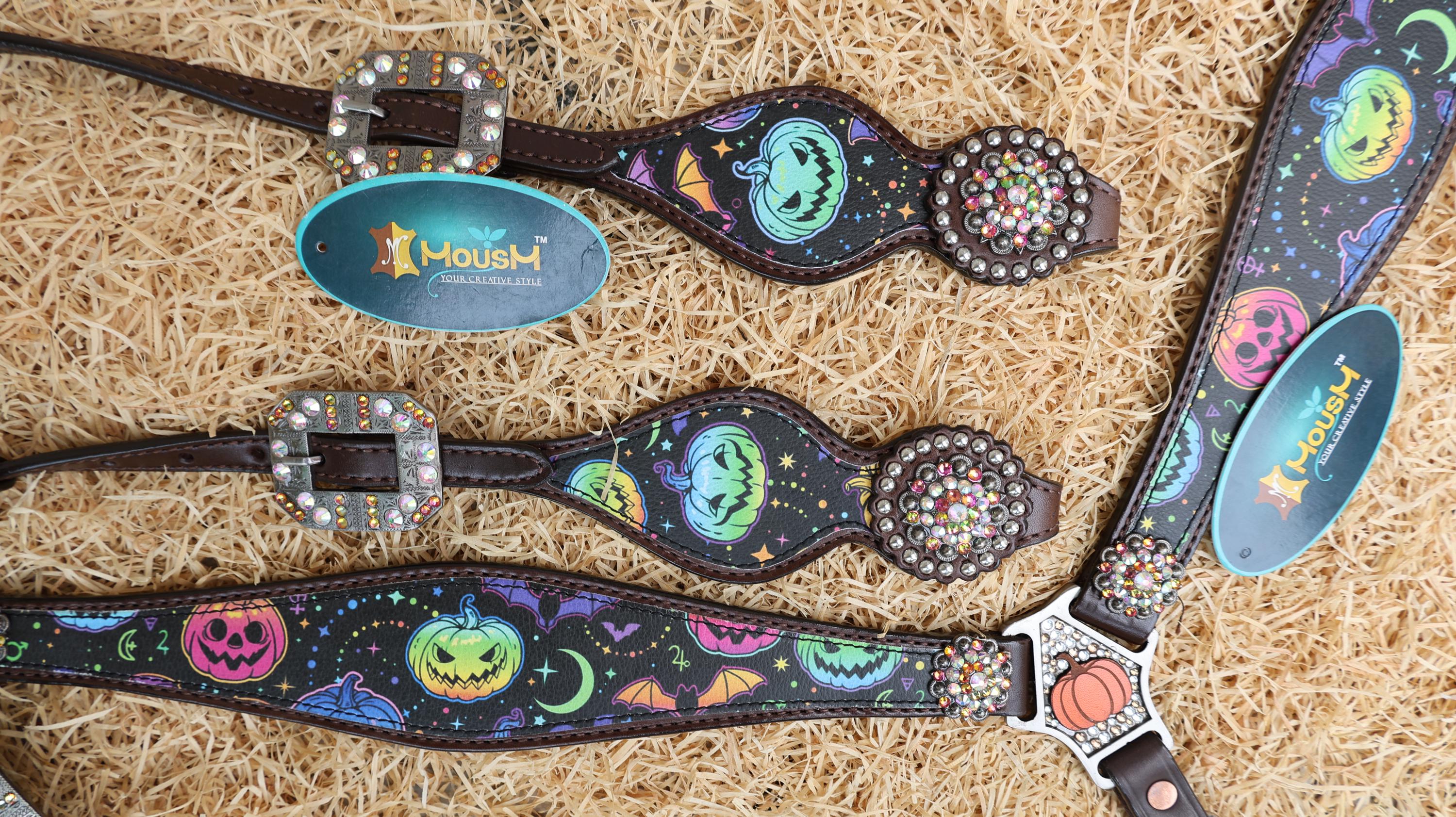 spooky halloween western headstall and breast collar set printed fluorescent  pumpkin and bats on horse tack set