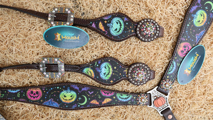 spooky halloween western headstall and breast collar set printed fluorescent  pumpkin and bats on horse tack set