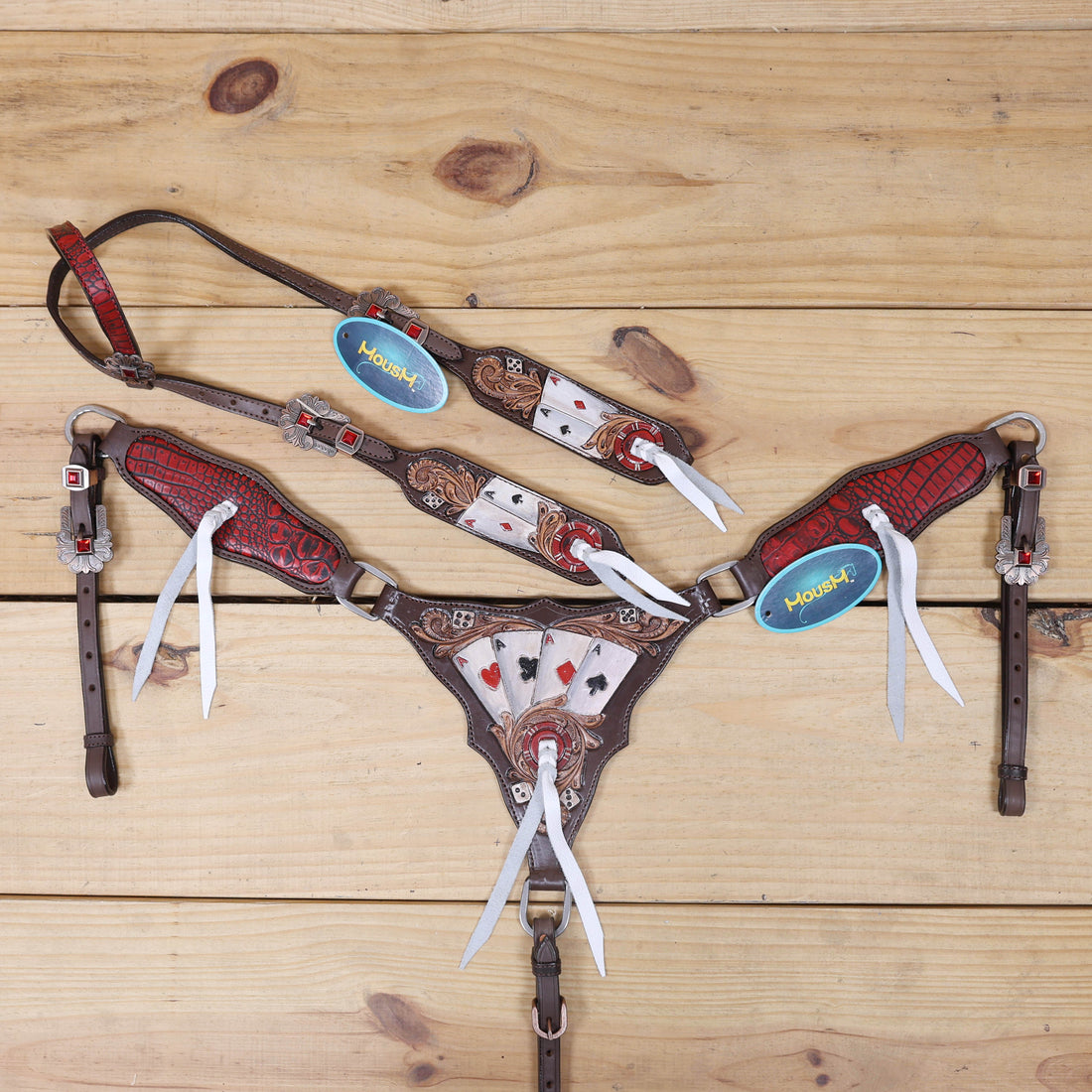 western tack set with alligator print leather, hand painted playing card, and dice carving