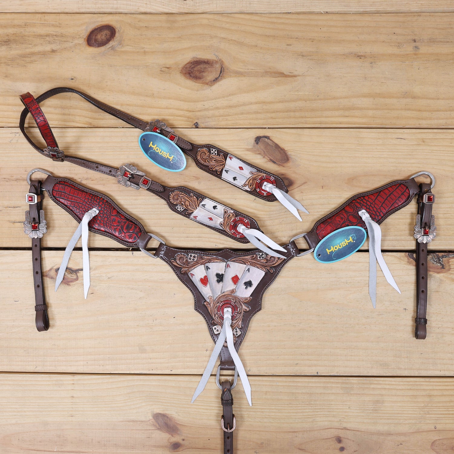 western tack set with alligator print leather, hand painted playing card, and dice carving