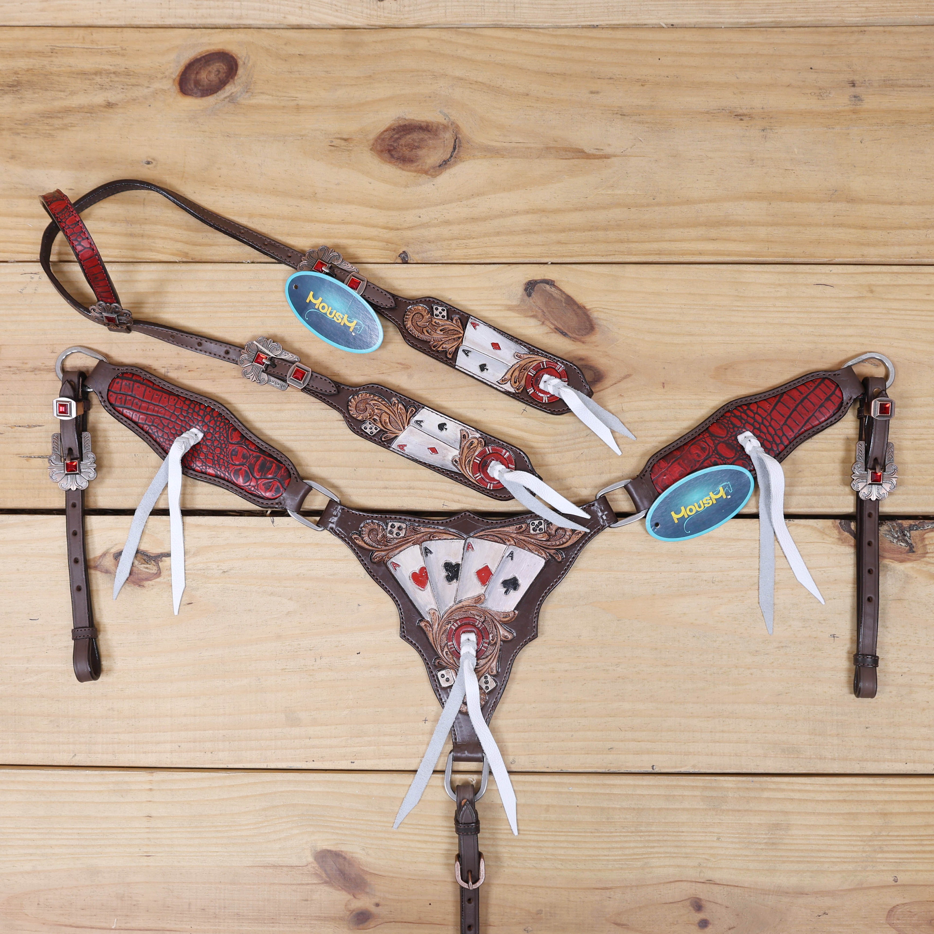western tack set with alligator print leather, hand painted playing card, and dice carving