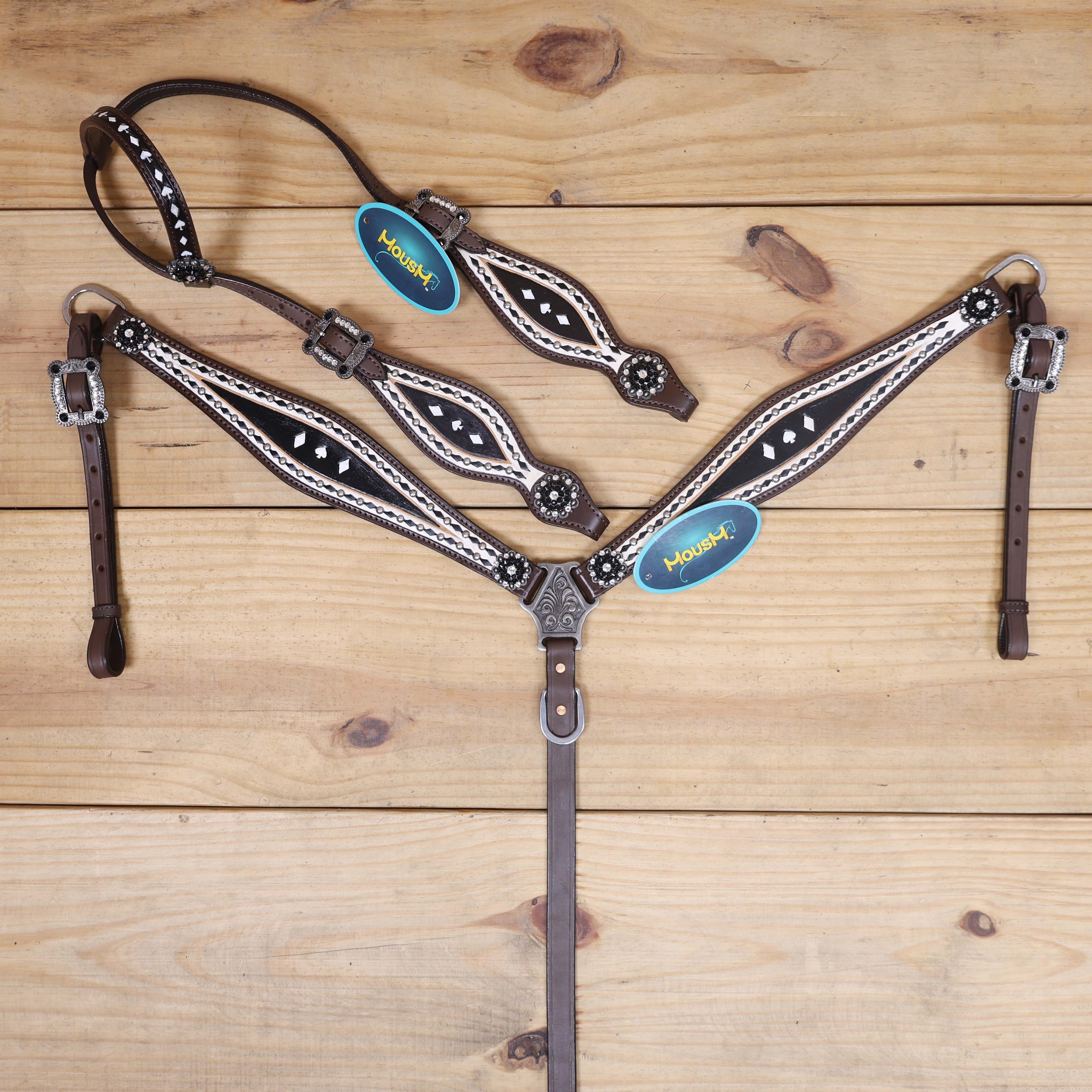 black and white hand painted Western headstall and breast collar set with gambling theme tooling