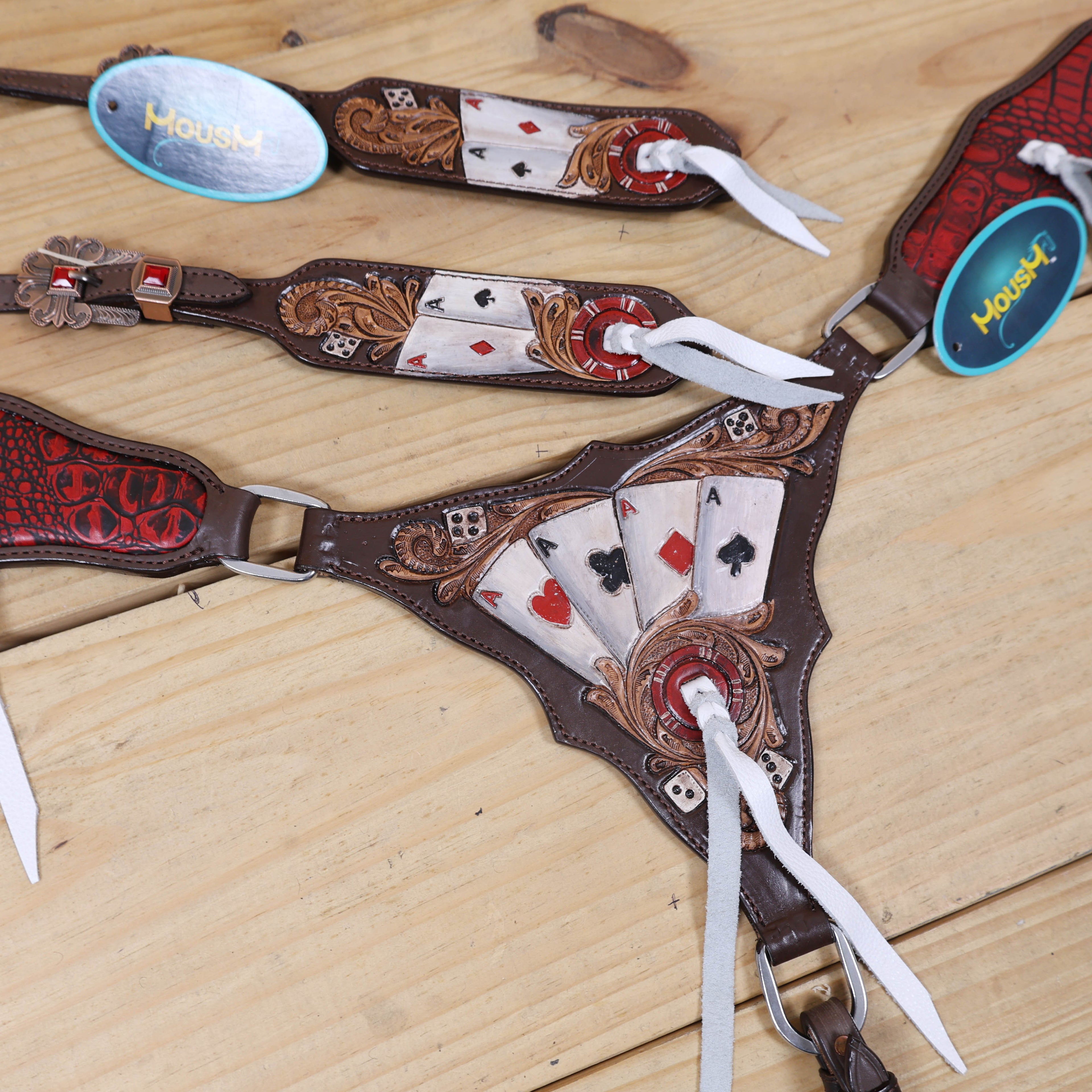 headstall tack set with hand tooling, and playing poker cards, dice and alligator printed inlay