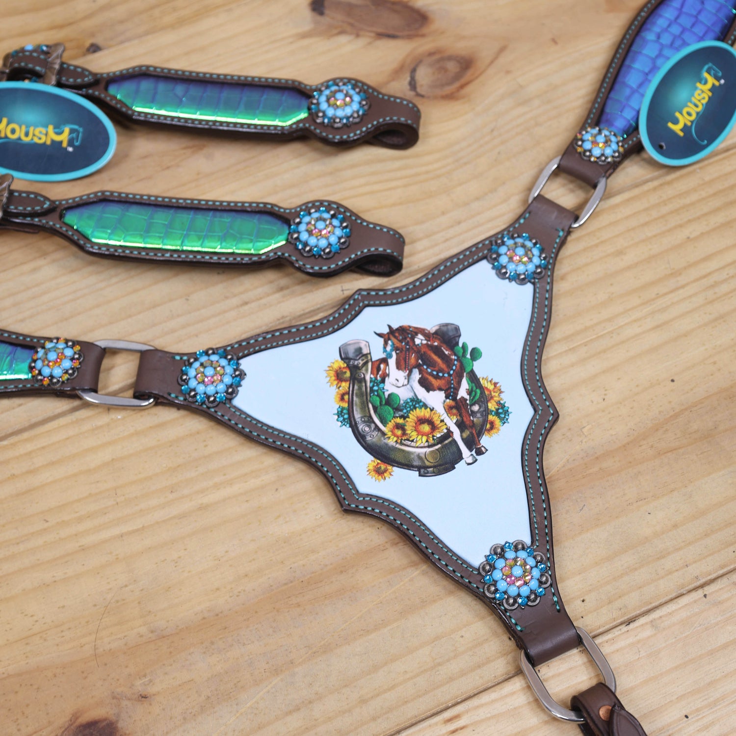 turquoise holographic alligator print with horseshoe, horse, sunflower, and cactus scenery on gladiator breast collar
