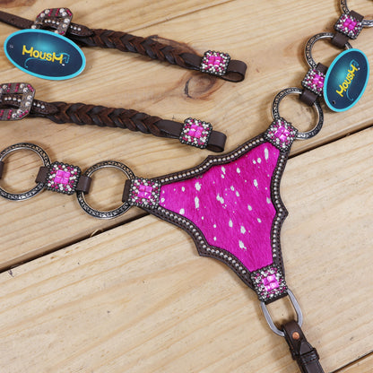 pink acid wash breast collar decorated with silver studs and metal rings