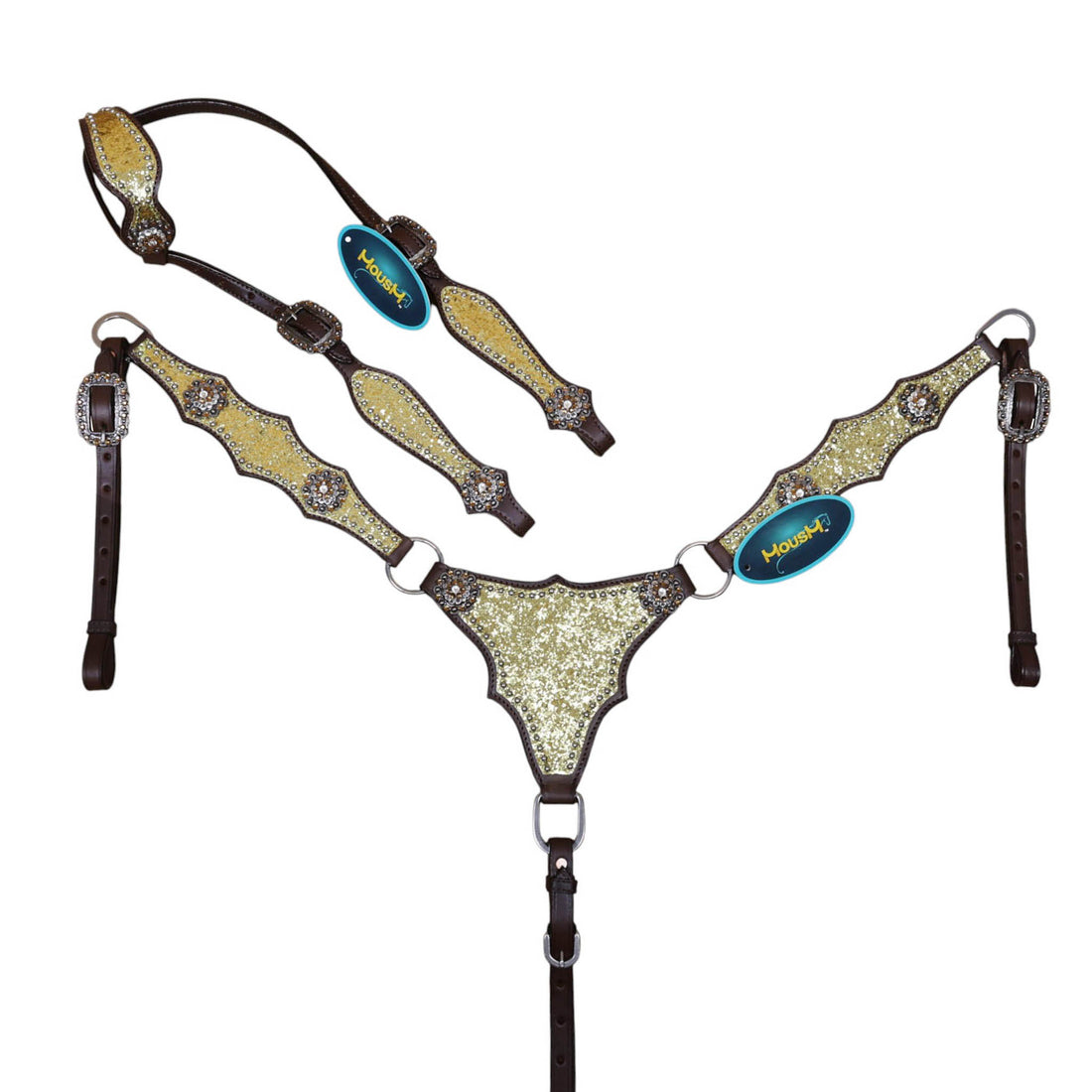 golden glitter western horse tack set made from Argentina cow leather with an alligator design, rhinestone conchos, silver studs and vintage hardware.