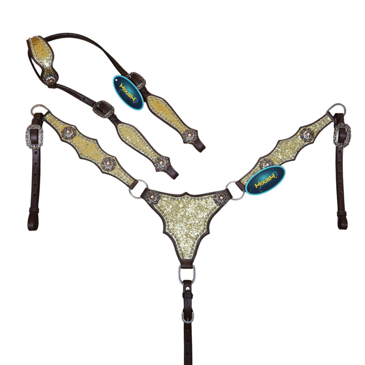 golden glitter western horse tack set made from Argentina cow leather with an alligator design, rhinestone conchos, silver studs and vintage hardware.