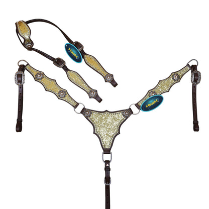golden glitter western horse tack set made from Argentina cow leather with an alligator design, rhinestone conchos, silver studs and vintage hardware.