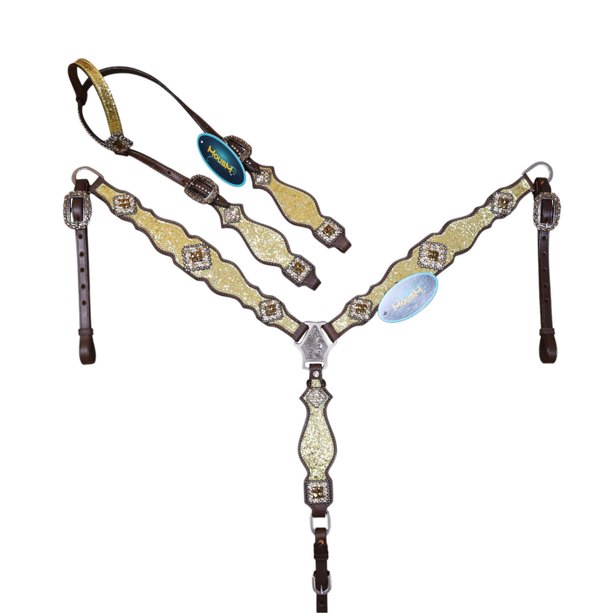 Golden glitter Western horse tack made from Genuine Argentina Cow Leather with rhinestone conchos, silver studs and antique nickel hardware.