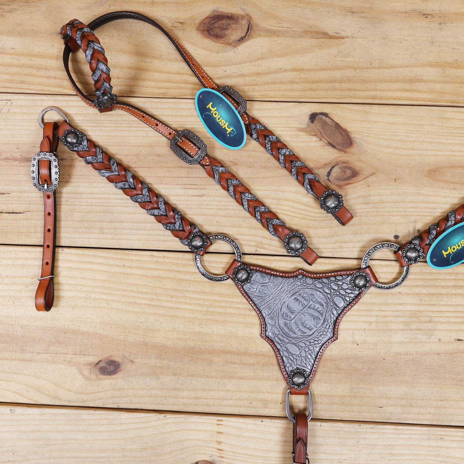 twisted leather western horse tack set with alligator pattern breastplate