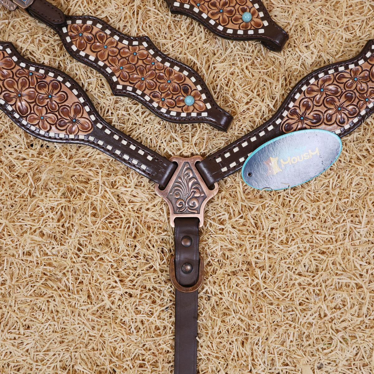 Hand Tooled Flower Carving Horse Bridle One Ear Headstall Tack Set