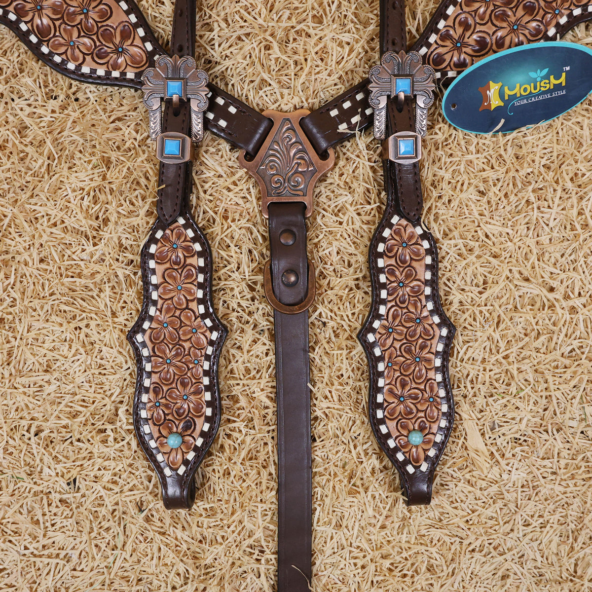 Hand Tooled Flower Carving Horse Bridle One Ear Headstall Tack Set