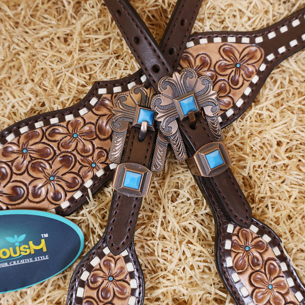 Hand Tooled Flower Carving Horse Bridle One Ear Headstall Tack Set