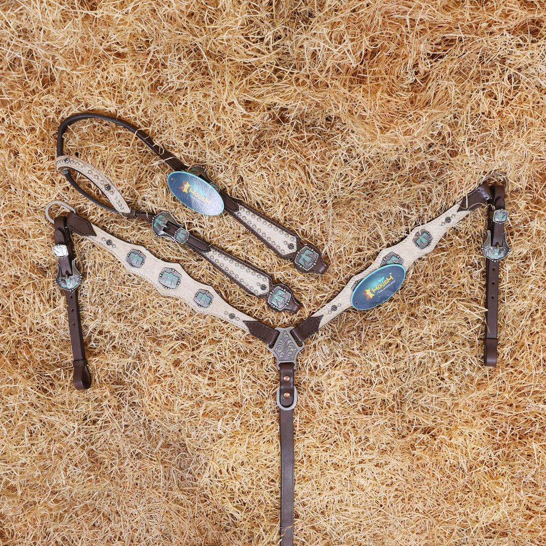 MOUSM Western Horse Bridle &amp; Breast Collar Set – Argentina Cow Leather Headstall Tack Set Decorated with Turquoise Aztec Bird Hardware and Beige Cowhide