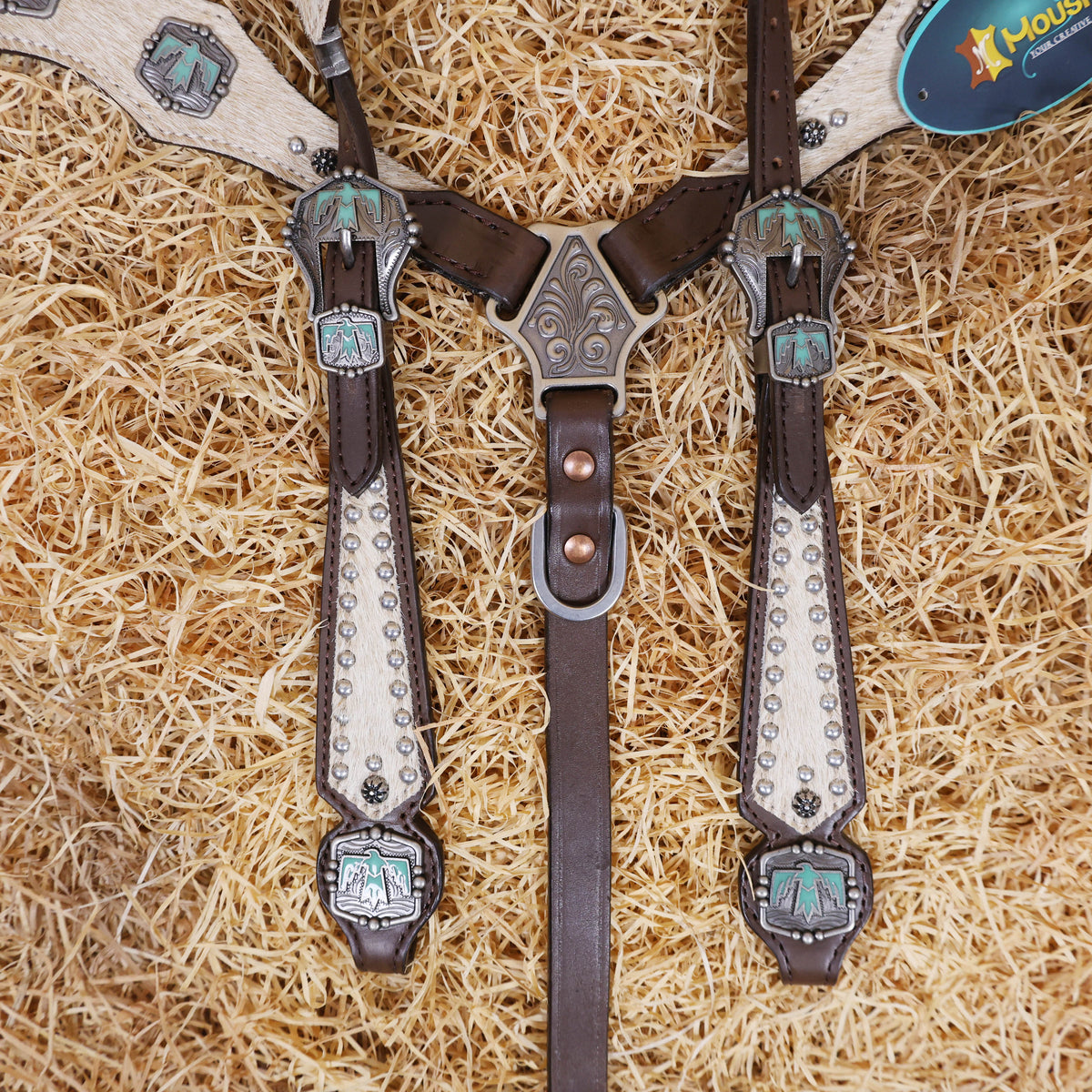 Beige Leather with Turquoise Aztec Bird Conchos Headstall Tack Set
