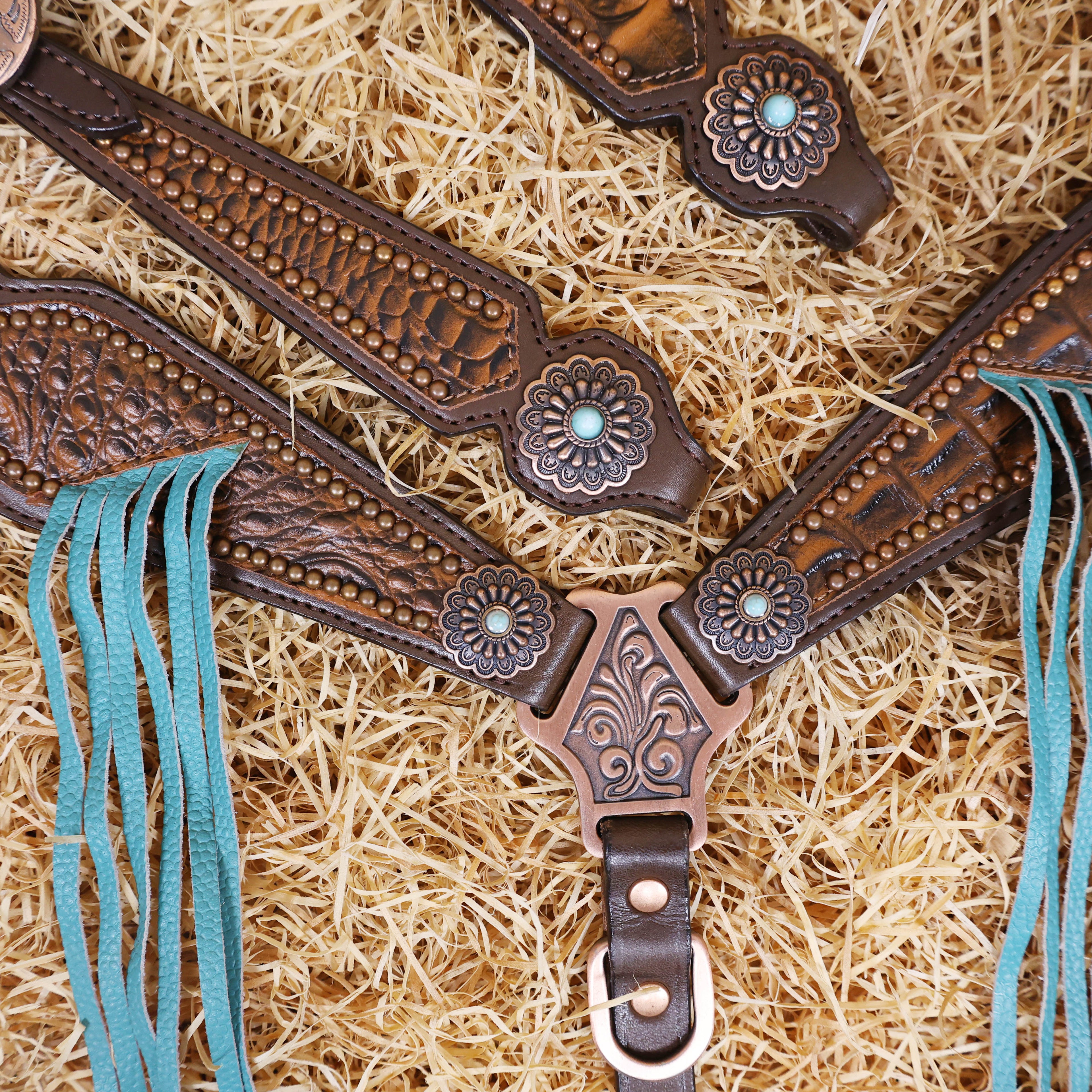 MOUSM Argentina Cow Leather Western Horse Bridle &amp; Breast Collar Set – Horse Tack Set 3D Croc Print with Turquoise Fringe, Copper Studs &amp; Antique Copper Hardware