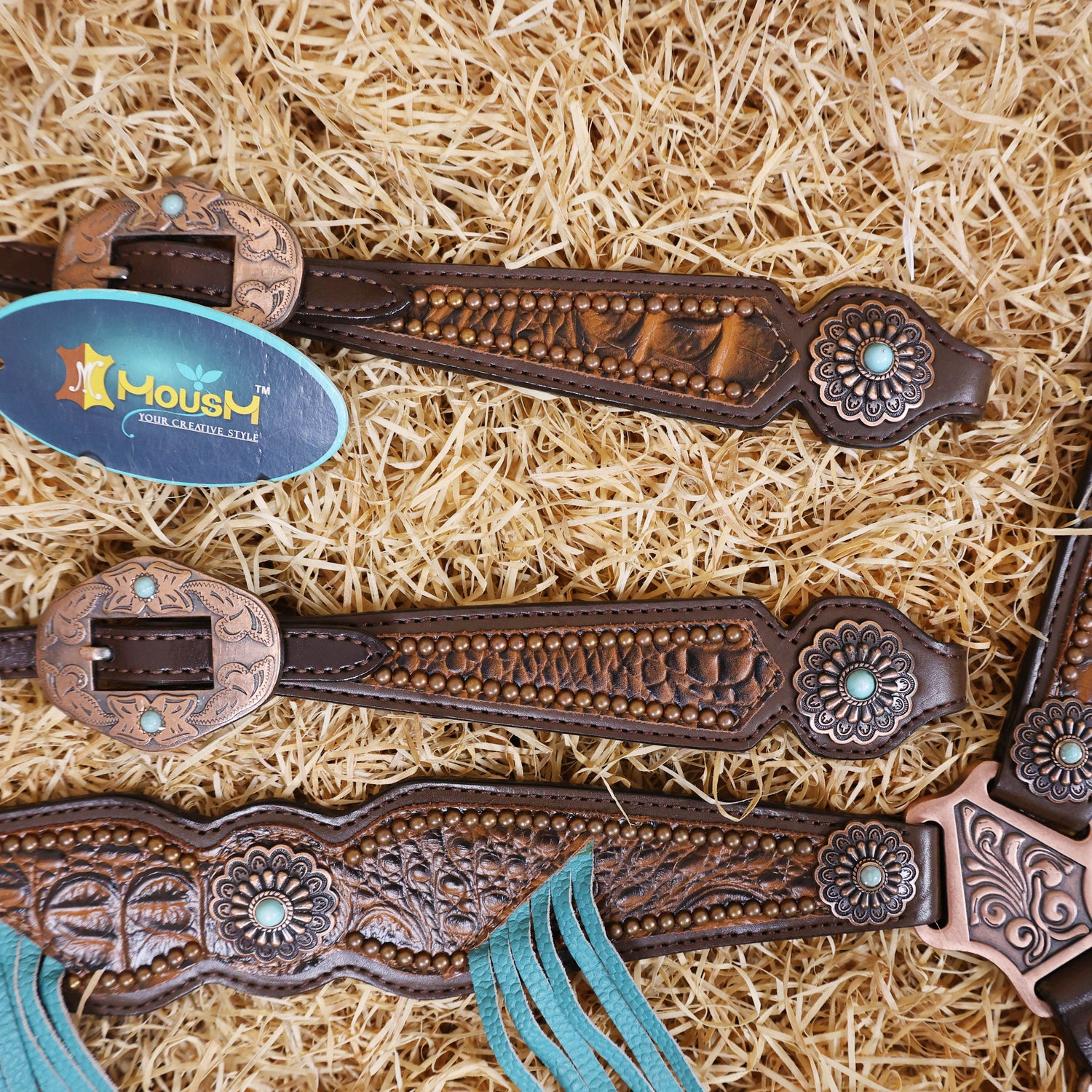 MOUSM Argentina Cow Leather Western Horse Bridle &amp; Breast Collar Set – Horse Tack Set 3D Croc Print with Turquoise Fringe, Copper Studs &amp; Antique Copper Hardware