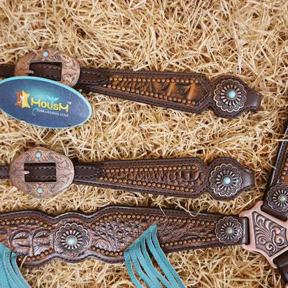 MOUSM Argentina Cow Leather Western Horse Bridle &amp; Breast Collar Set – Horse Tack Set 3D Croc Print with Turquoise Fringe, Copper Studs &amp; Antique Copper Hardware