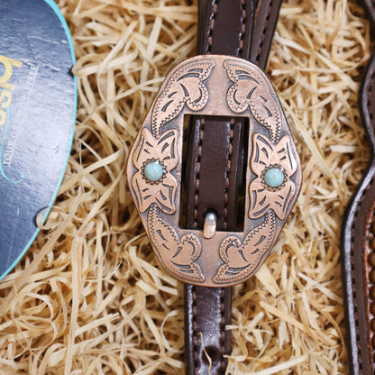 MOUSM Argentina Cow Leather Western Horse Bridle &amp; Breast Collar Set – Horse Tack Set 3D Croc Print with Turquoise Fringe, Copper Studs &amp; Antique Copper Hardware