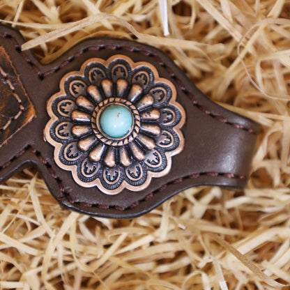 MOUSM Argentina Cow Leather Western Horse Bridle &amp; Breast Collar Set – Horse Tack Set 3D Croc Print with Turquoise Fringe, Copper Studs &amp; Antique Copper Hardware