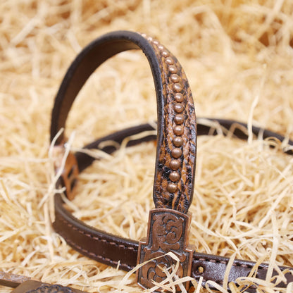 MOUSM Argentina Cow Leather Western Horse Bridle &amp; Breast Collar Set – Horse Tack Set 3D Croc Print with Turquoise Fringe, Copper Studs &amp; Antique Copper Hardware