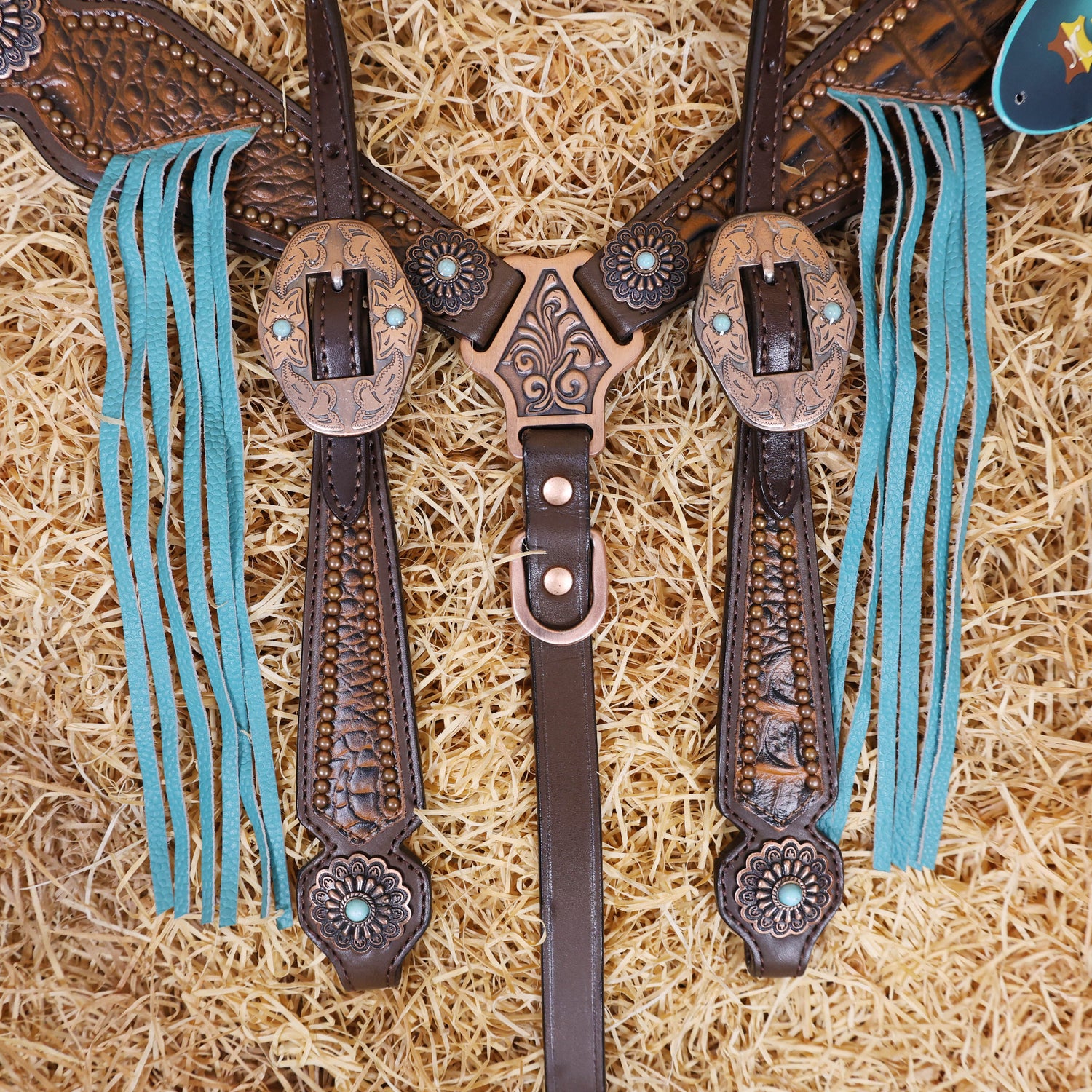 MOUSM Argentina Cow Leather Western Horse Bridle &amp; Breast Collar Set – Horse Tack Set 3D Croc Print with Turquoise Fringe, Copper Studs &amp; Antique Copper Hardware