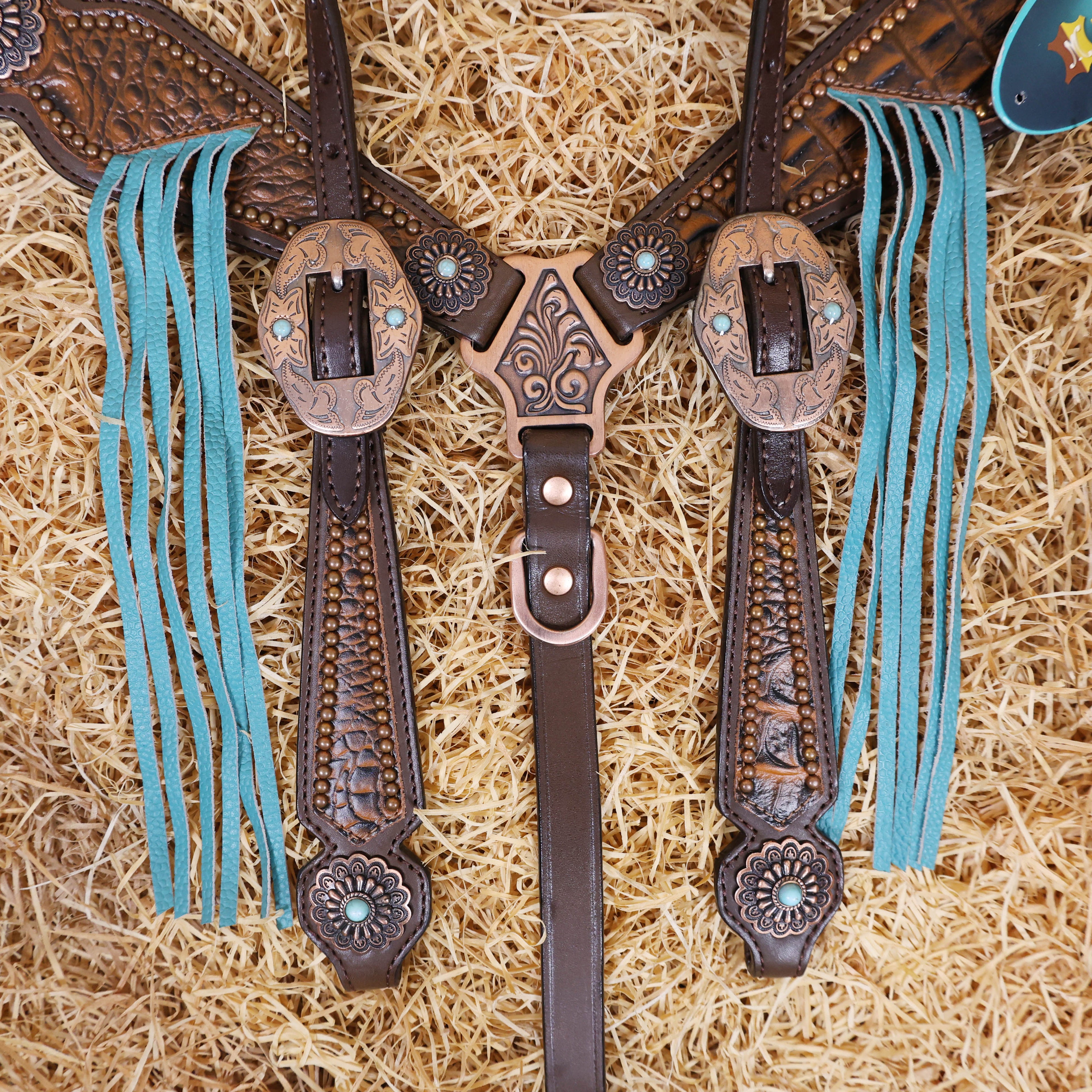 MOUSM Argentina Cow Leather Western Horse Bridle &amp; Breast Collar Set – Horse Tack Set 3D Croc Print with Turquoise Fringe, Copper Studs &amp; Antique Copper Hardware