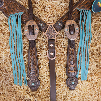 MOUSM Argentina Cow Leather Western Horse Bridle &amp; Breast Collar Set – Horse Tack Set 3D Croc Print with Turquoise Fringe, Copper Studs &amp; Antique Copper Hardware