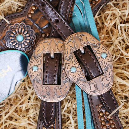 MOUSM Argentina Cow Leather Western Horse Bridle &amp; Breast Collar Set – Horse Tack Set 3D Croc Print with Turquoise Fringe, Copper Studs &amp; Antique Copper Hardware