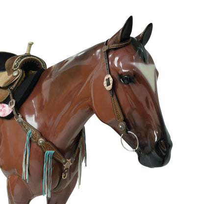 MOUSM Argentina Cow Leather Western Horse Bridle &amp; Breast Collar Set – Horse Tack Set 3D Croc Print with Turquoise Fringe, Copper Studs &amp; Antique Copper Hardware