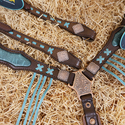 MOUSM Western Horse Bridle and Breast Collar Set - Argentina Cow Leather Headstall Set Decorated with Turquoise Croc Print Cowhide Leather Inlay &amp; Fringe