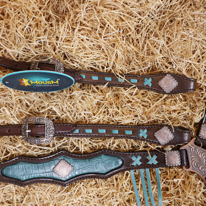 MOUSM Western Horse Bridle and Breast Collar Set - Argentina Cow Leather Headstall Set Decorated with Turquoise Croc Print Cowhide Leather Inlay &amp; Fringe