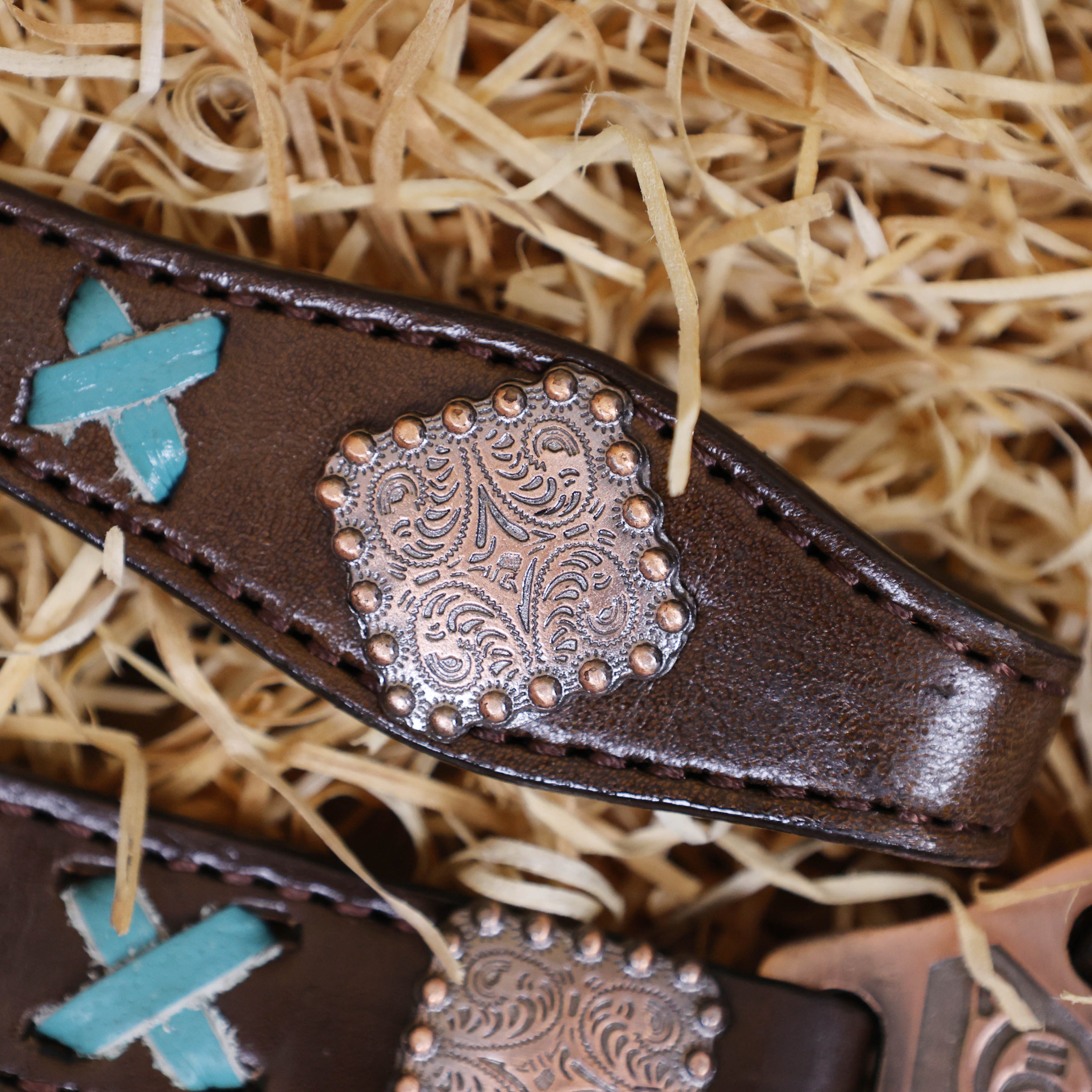 MOUSM Argentina Cow Leather Horse Bridle &amp; Breast Collar Set – Western Horse Tack with Turquoise Silver Splash Cowhide, Feather Hardware &amp; Nickel Accents