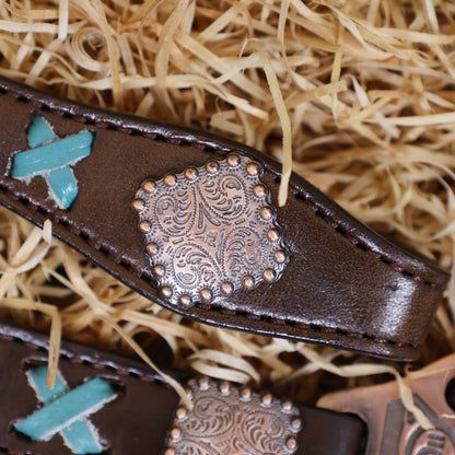MOUSM Argentina Cow Leather Horse Bridle &amp; Breast Collar Set – Western Horse Tack with Turquoise Silver Splash Cowhide, Feather Hardware &amp; Nickel Accents