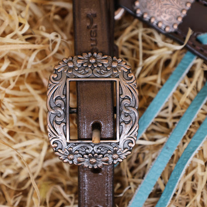 MOUSM Western Horse Bridle and Breast Collar Set - Argentina Cow Leather Headstall Set Decorated with Turquoise Croc Print Cowhide Leather Inlay &amp; Fringe