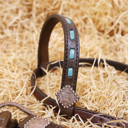MOUSM Western Horse Bridle and Breast Collar Set - Argentina Cow Leather Headstall Set Decorated with Turquoise Croc Print Cowhide Leather Inlay &amp; Fringe